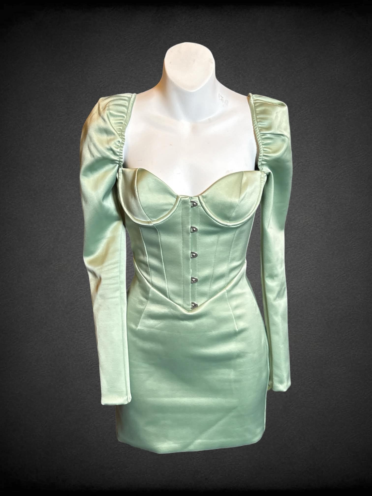 XS Oh Polly sage green short corset dress with puff sleeves, and zipper on back