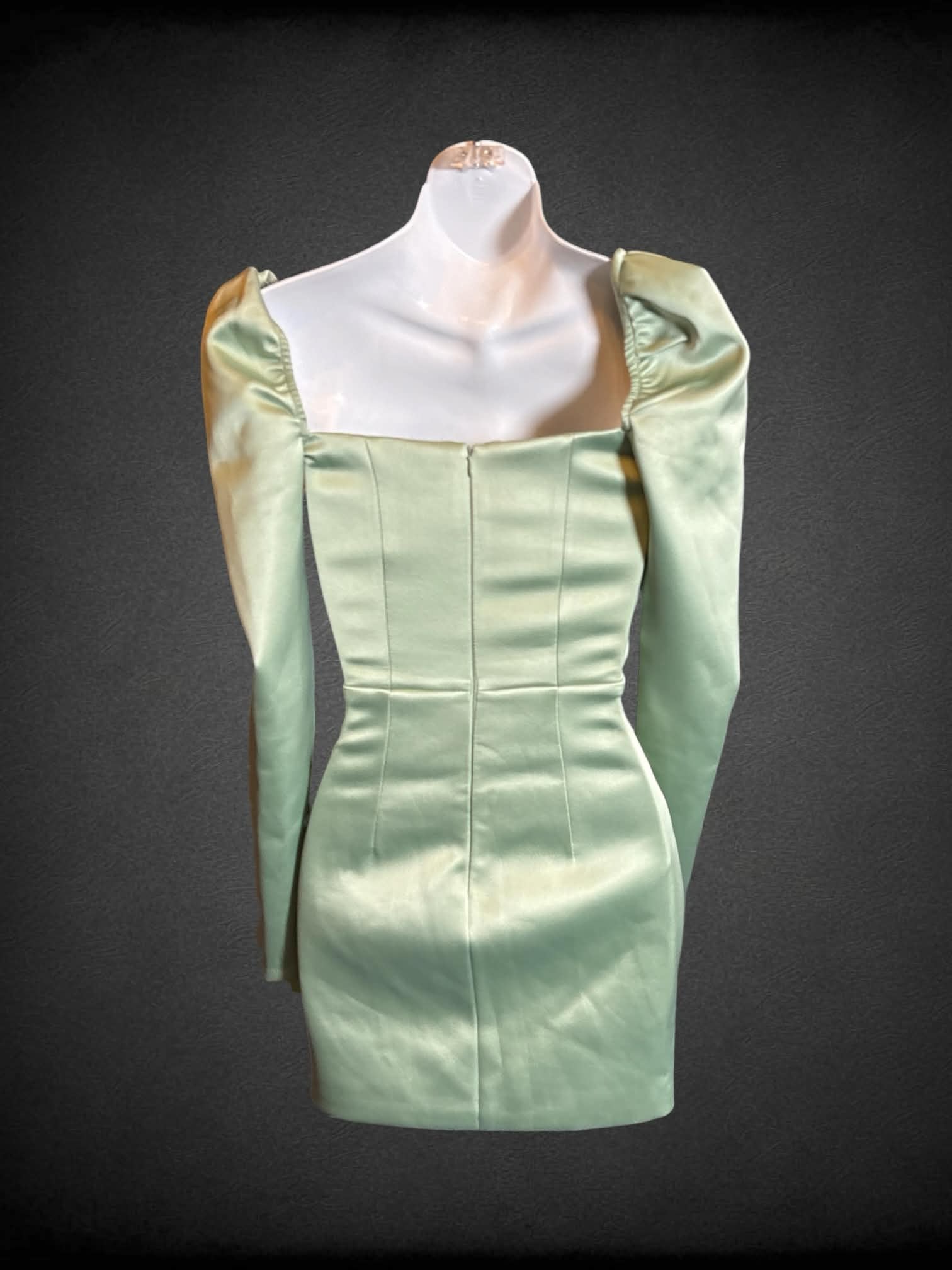 XS Oh Polly sage green short corset dress with puff sleeves, and zipper on back