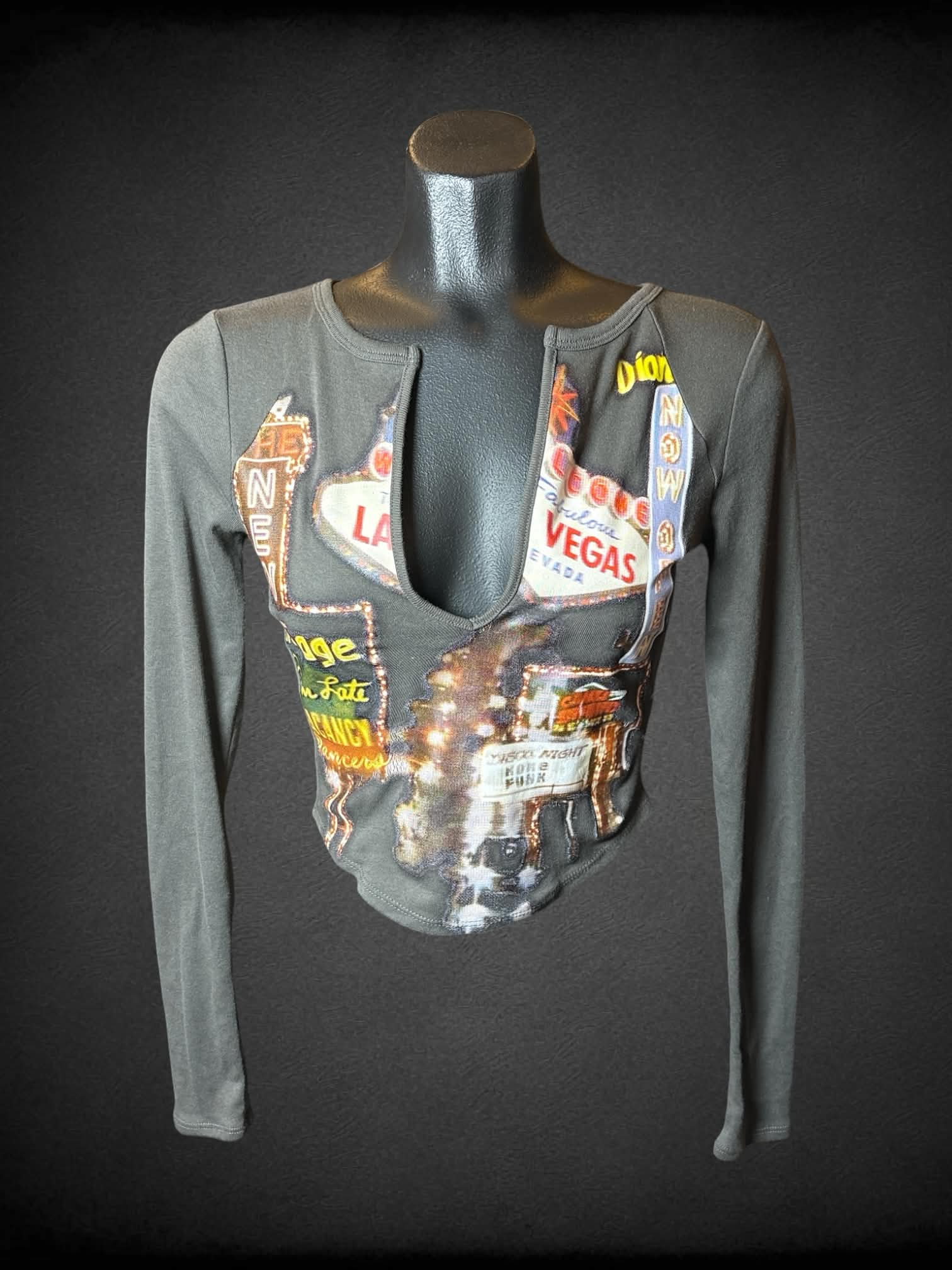 XS Ecote grey long-sleeve cropped top with Las Vegas neon sign graphic on front