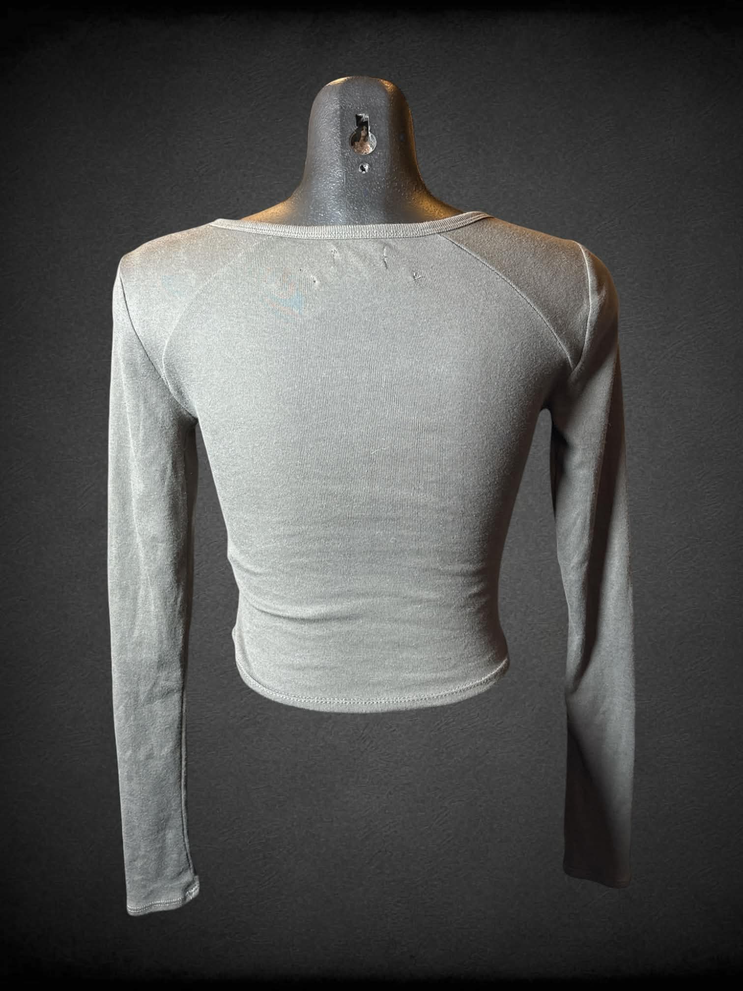 XS Ecote grey long-sleeve cropped top with Las Vegas neon sign graphic on front