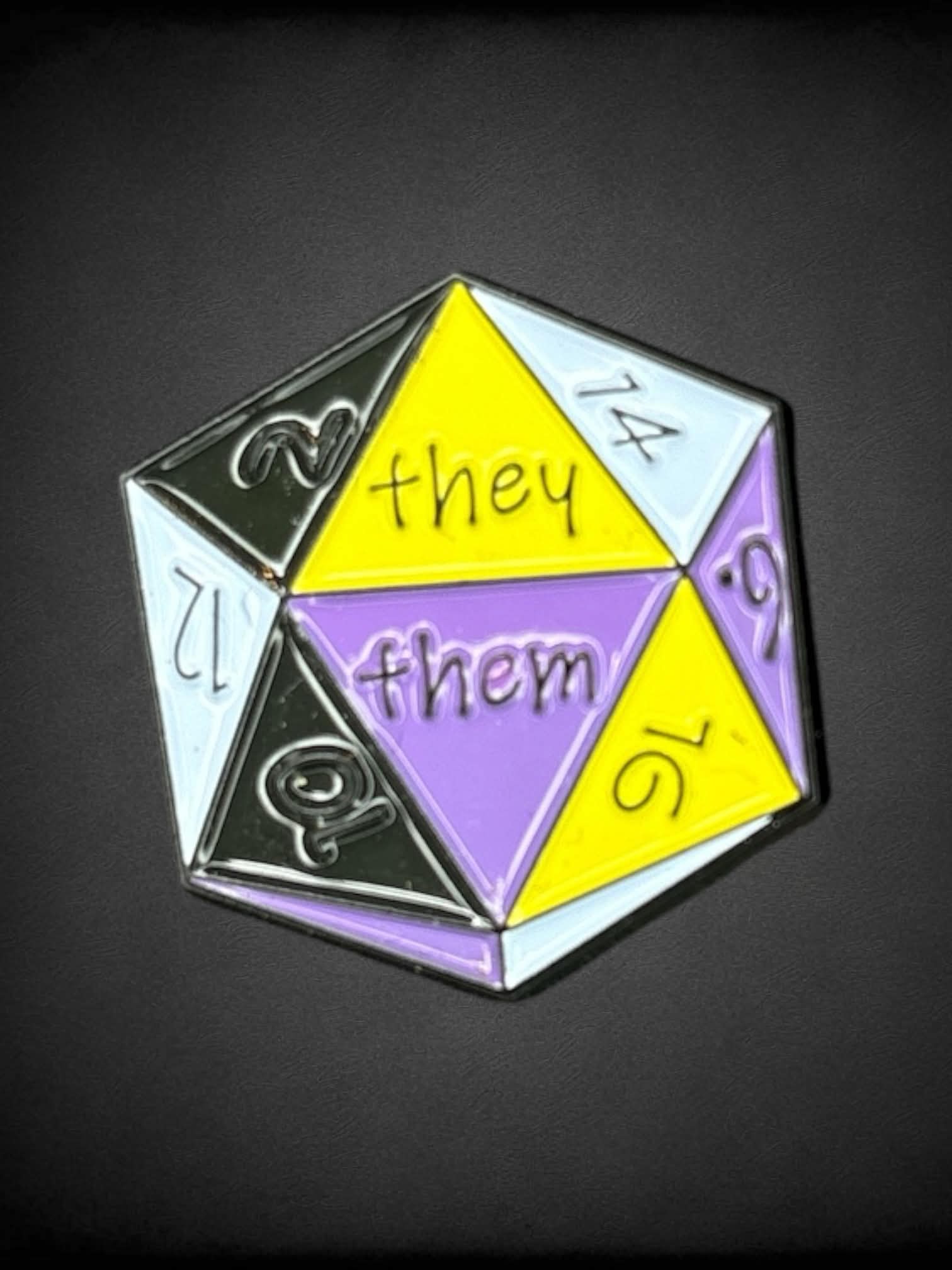 D20 dice nonbinary they/them pronouns enamel pin