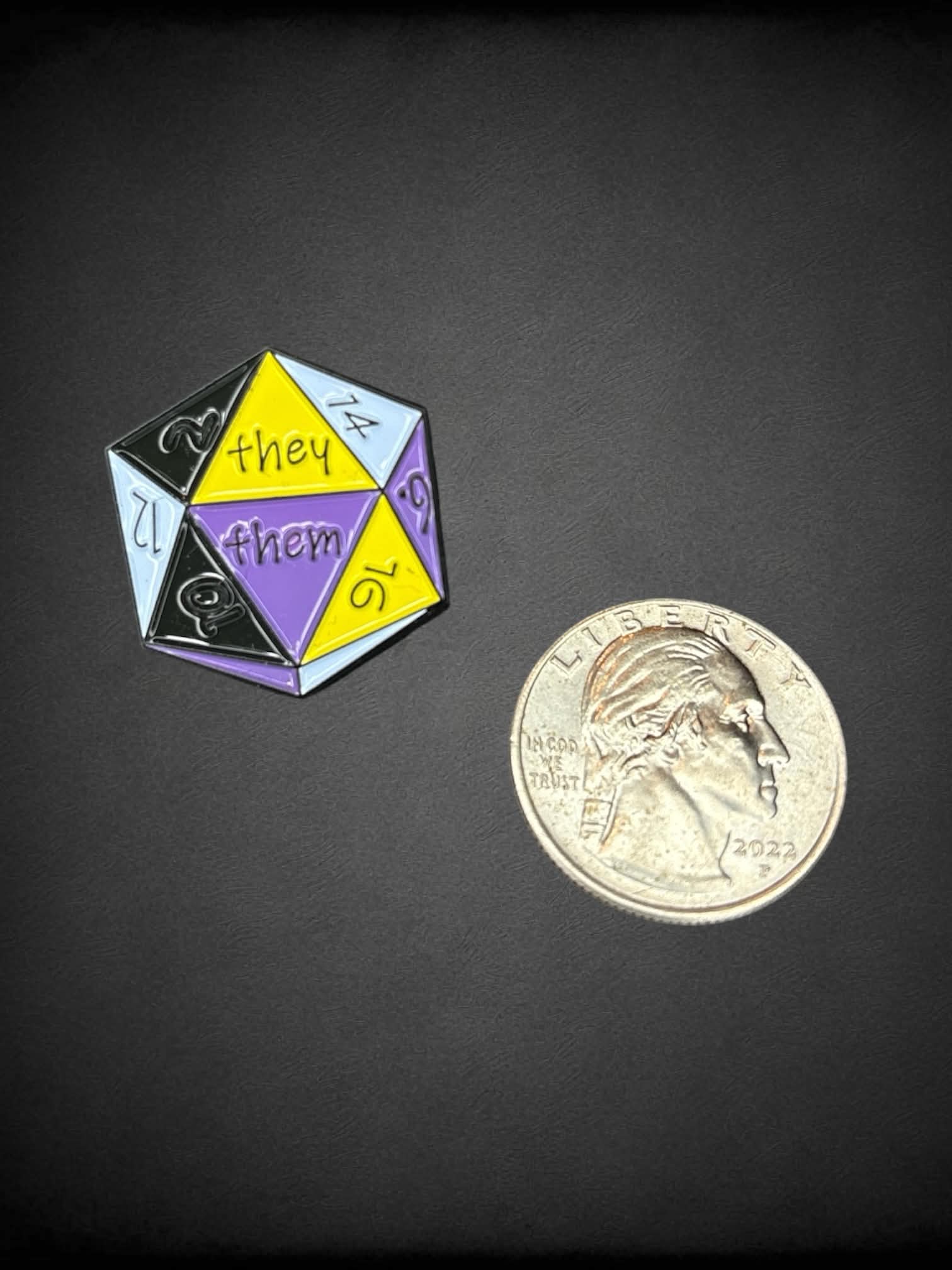 D20 dice nonbinary they/them pronouns enamel pin