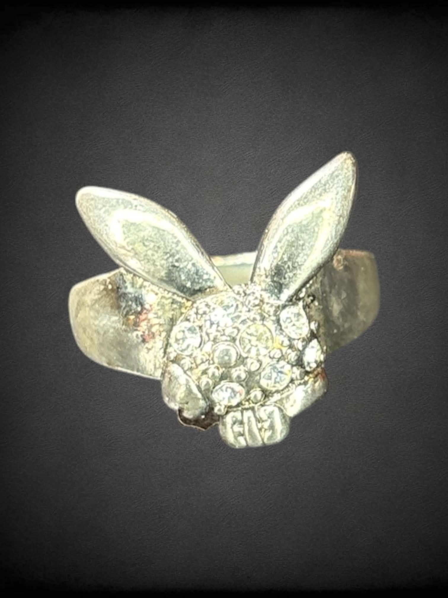 Size 13 silver ring with bejeweled bunny skull