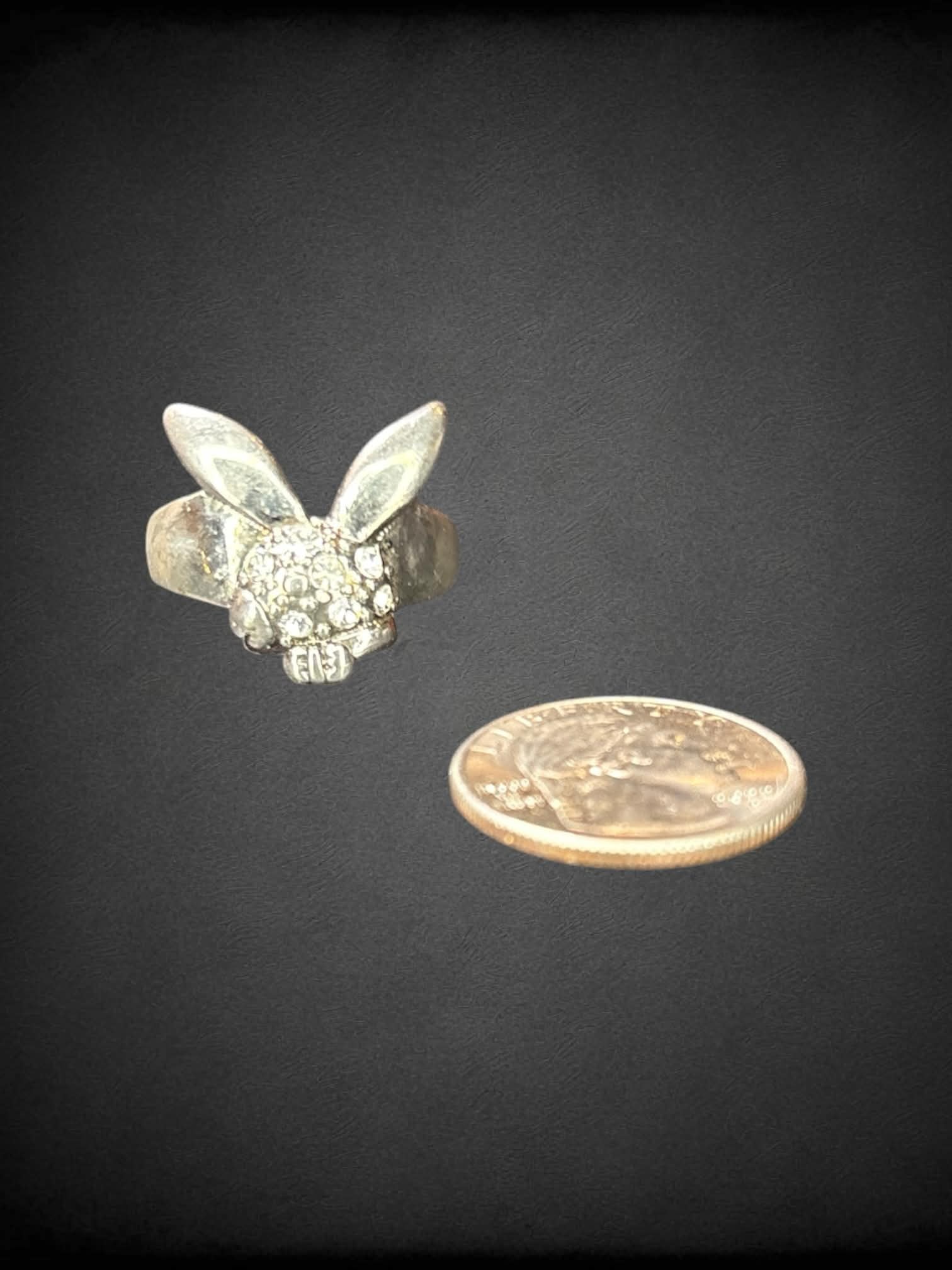 Size 13 silver ring with bejeweled bunny skull