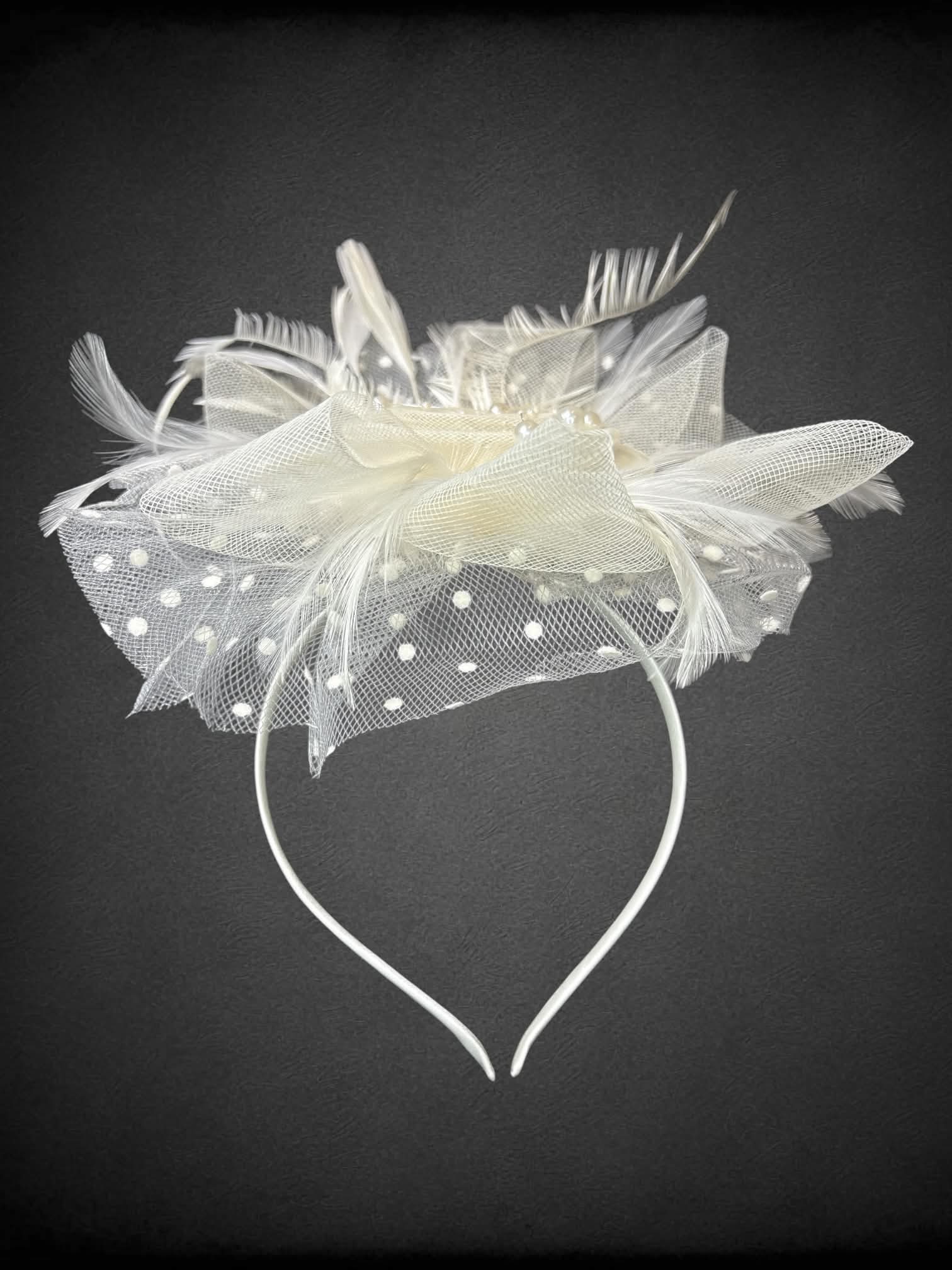 White headband with clip-on mesh beaded flower with feathers