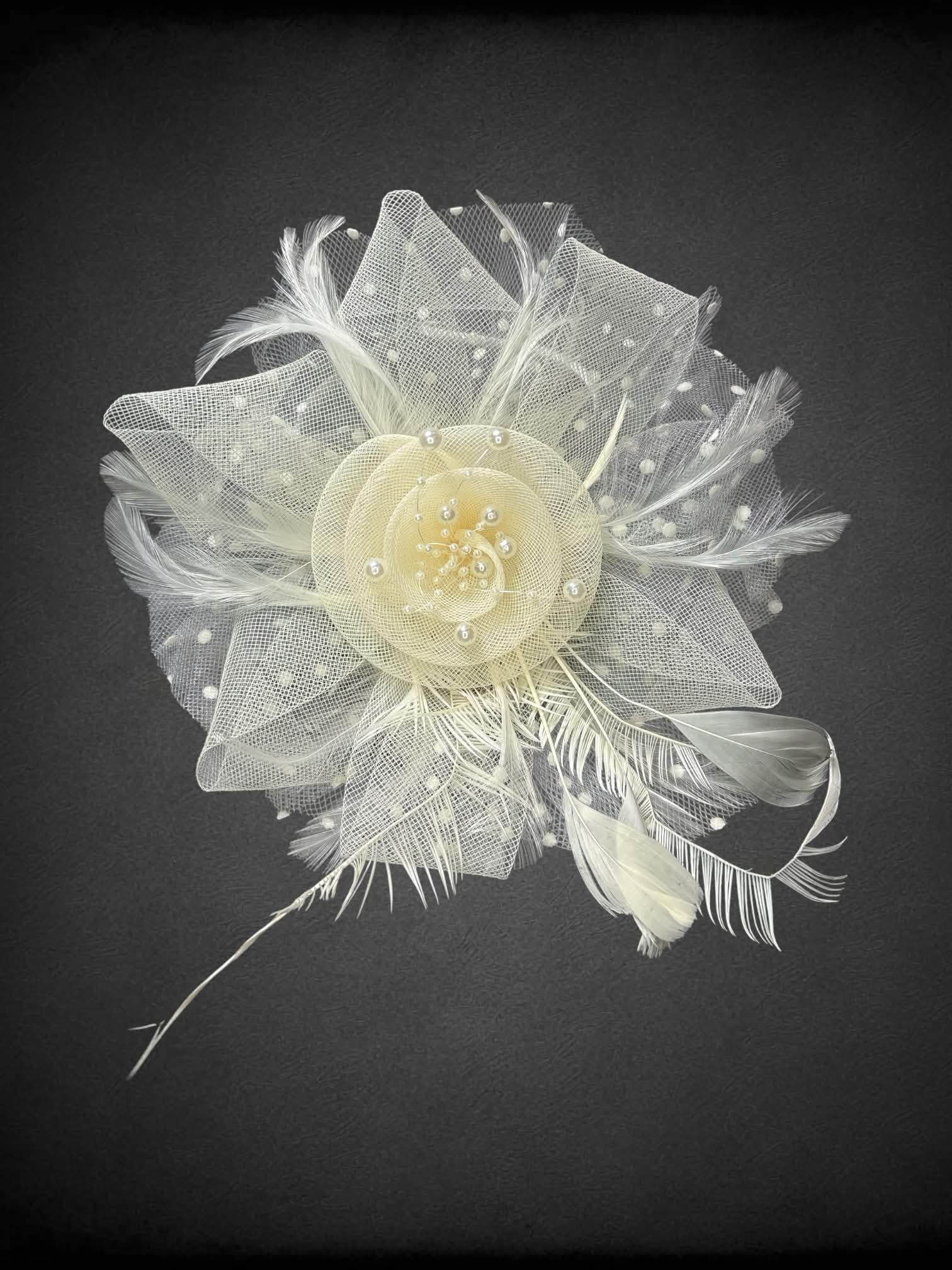 White headband with clip-on mesh beaded flower with feathers