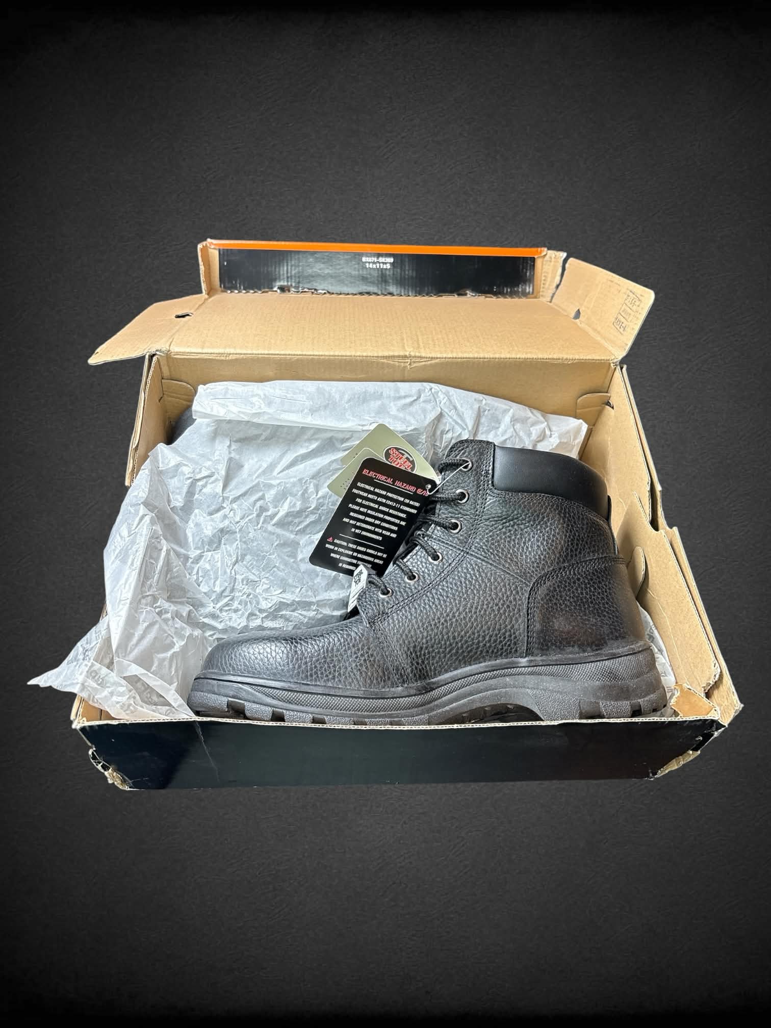 Size 11 Sketchers new in box steel toe relaxed fit black boots, with memory foam