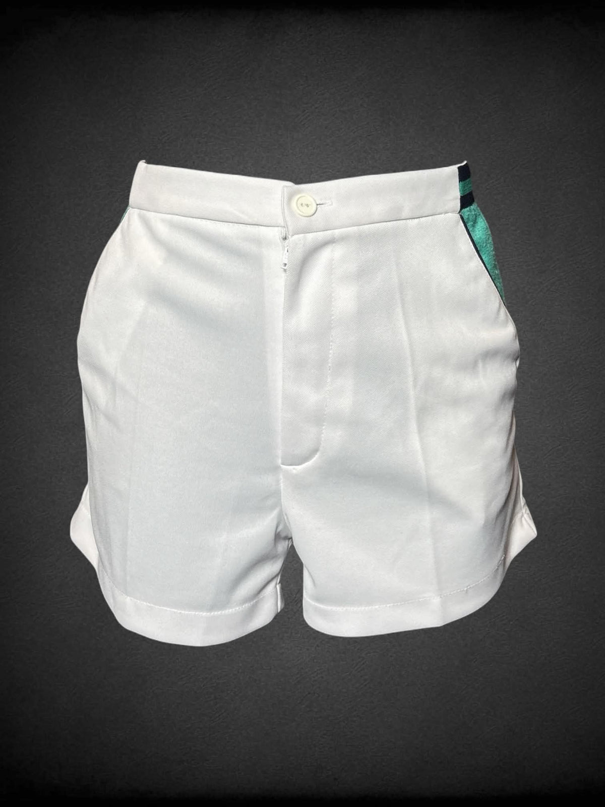 M sheer white shorts with green design on waist-band