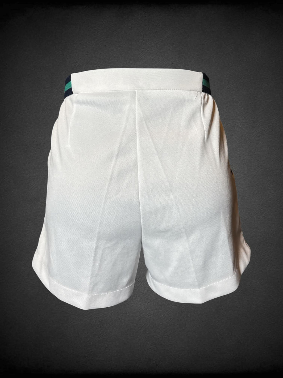 M sheer white shorts with green design on waist-band