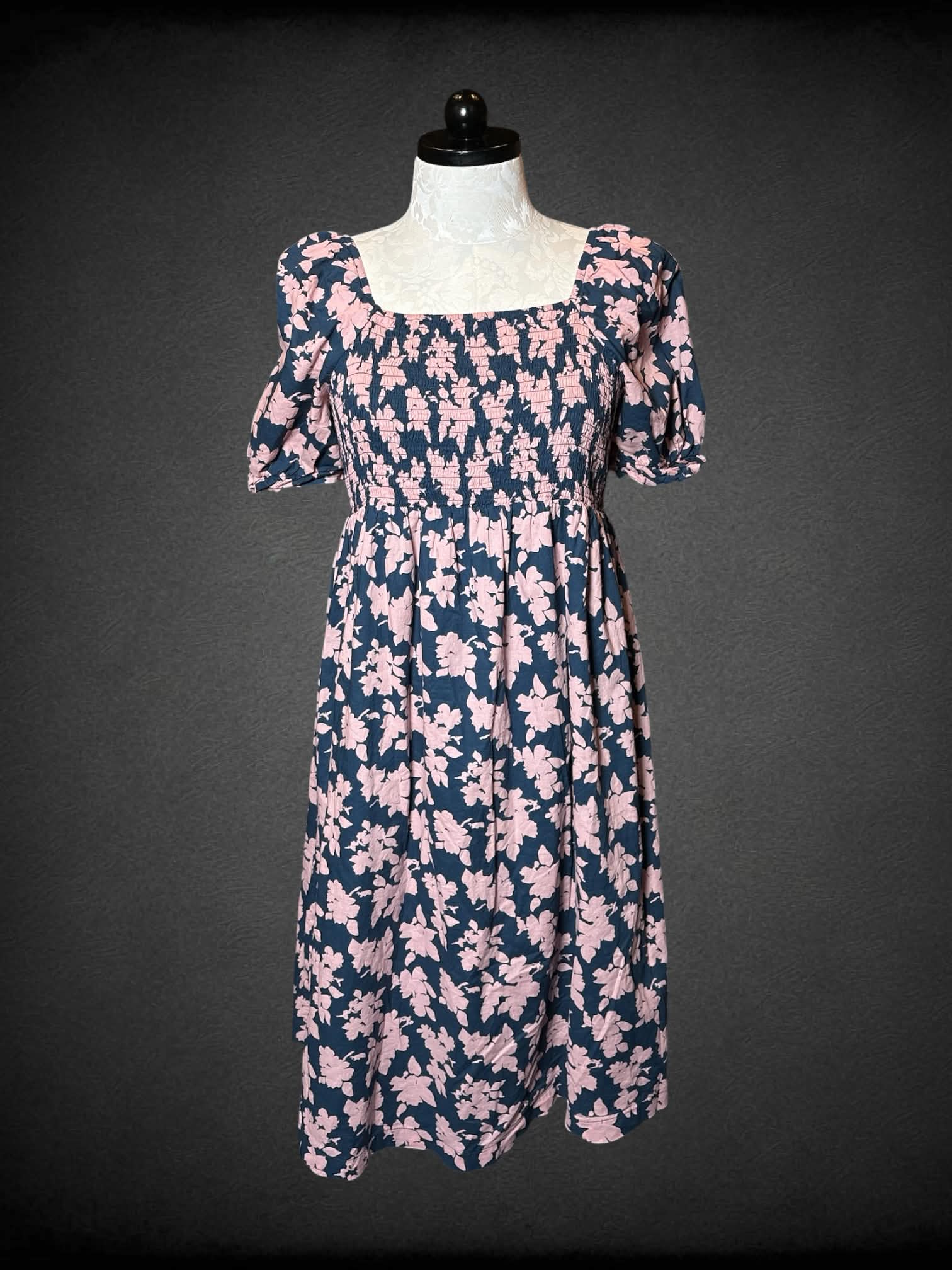 XL Hatch navy blue dress with pink floral pattern, shirred top, and zipper on back