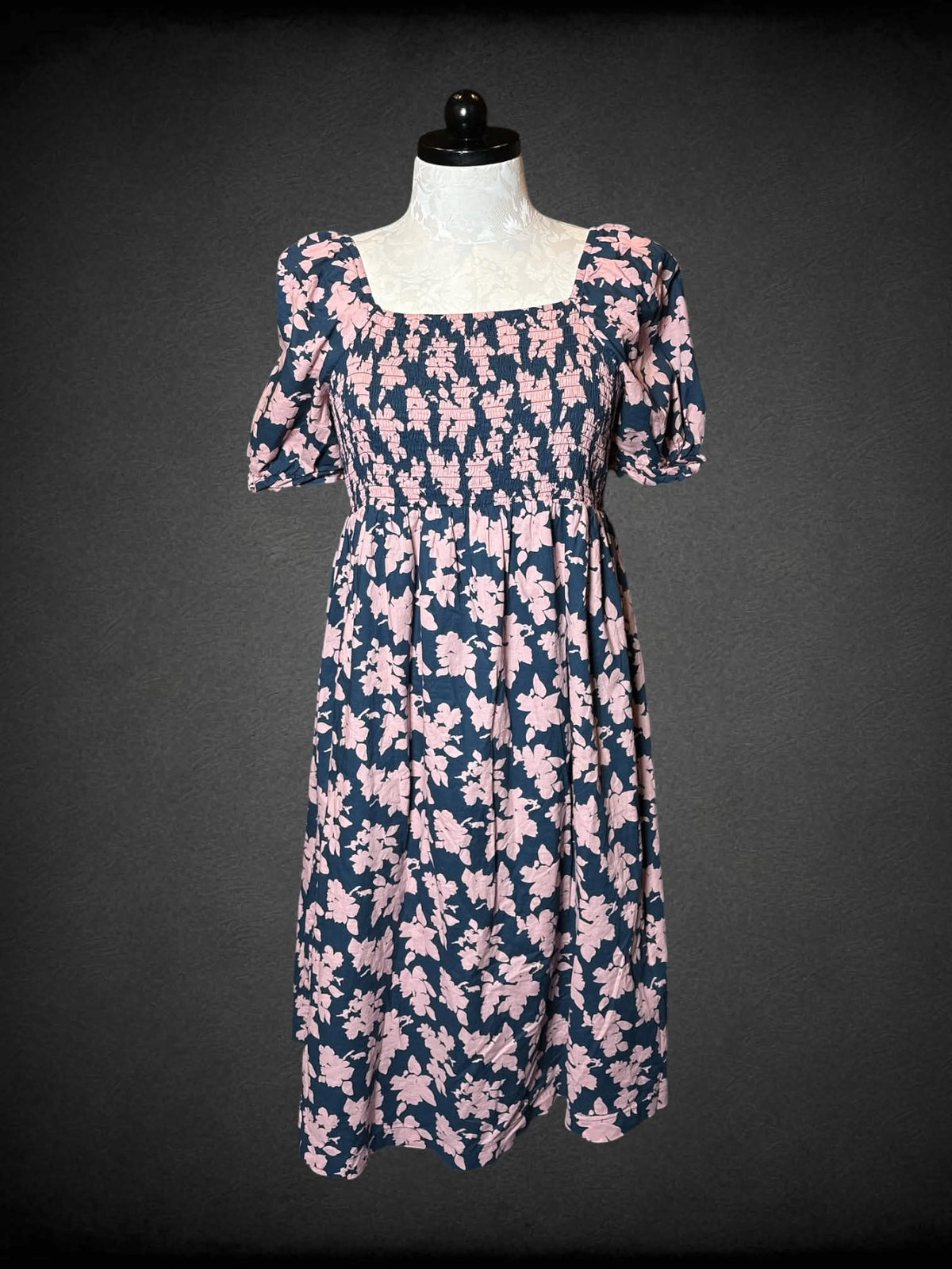 XL Hatch navy blue dress with pink floral pattern, shirred top, and zipper on back