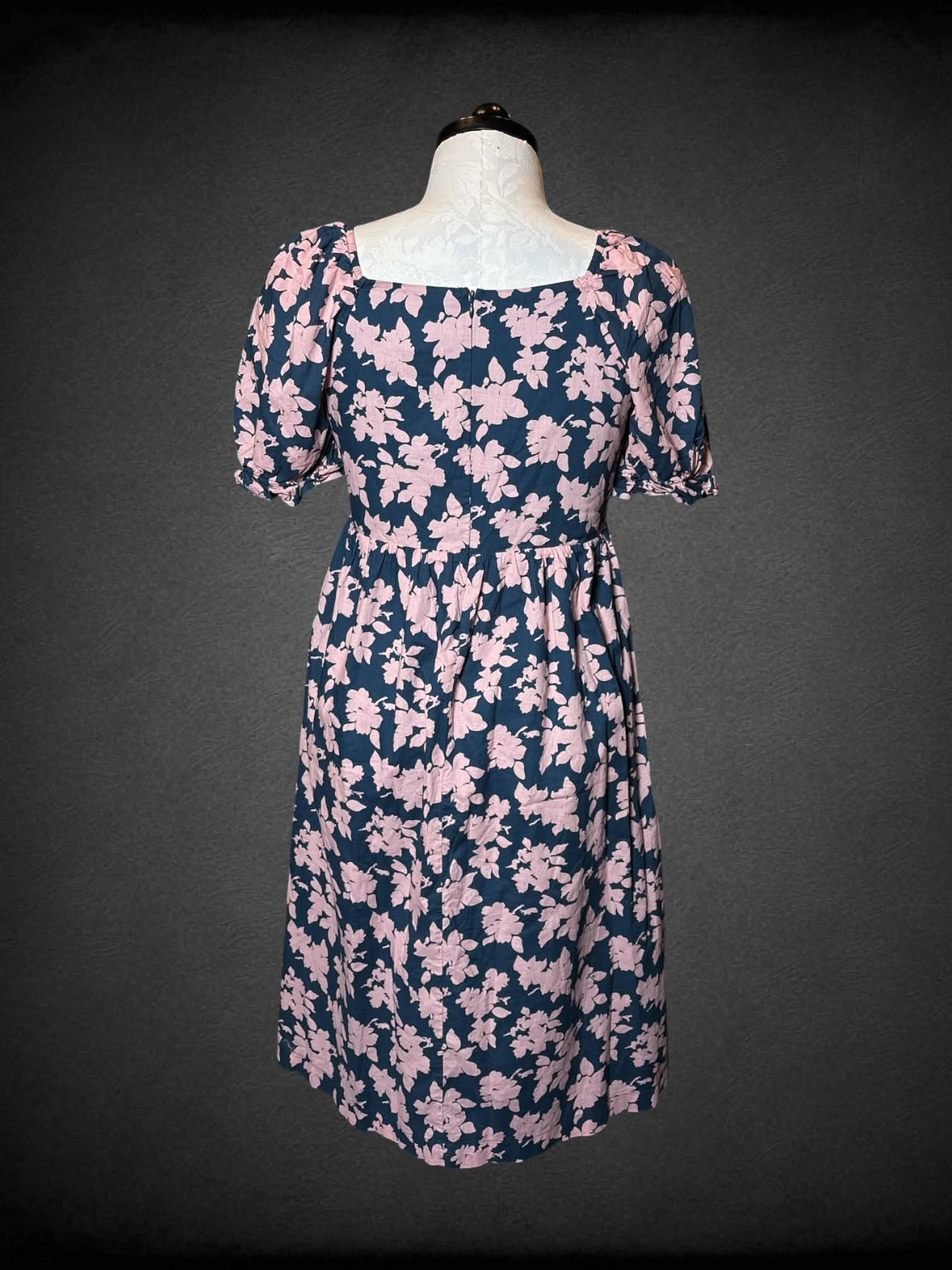 XL Hatch navy blue dress with pink floral pattern, shirred top, and zipper on back