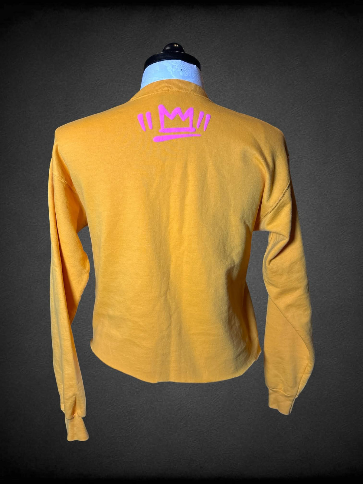 0X Hanes mustard yellow crewneck with “Power To The People” sketch writing on front, and cropped hemline