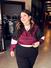 Load image into Gallery viewer, 0X Burgundy, black, &amp; white color block long balloon sleeve high neckline 3/4 zip crop pullover jacket w/ zipper pocket
