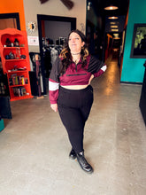Load image into Gallery viewer, 0X Burgundy, black, &amp; white color block long balloon sleeve high neckline 3/4 zip crop pullover jacket w/ zipper pocket
