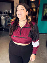Load image into Gallery viewer, 0X Burgundy, black, &amp; white color block long balloon sleeve high neckline 3/4 zip crop pullover jacket w/ zipper pocket
