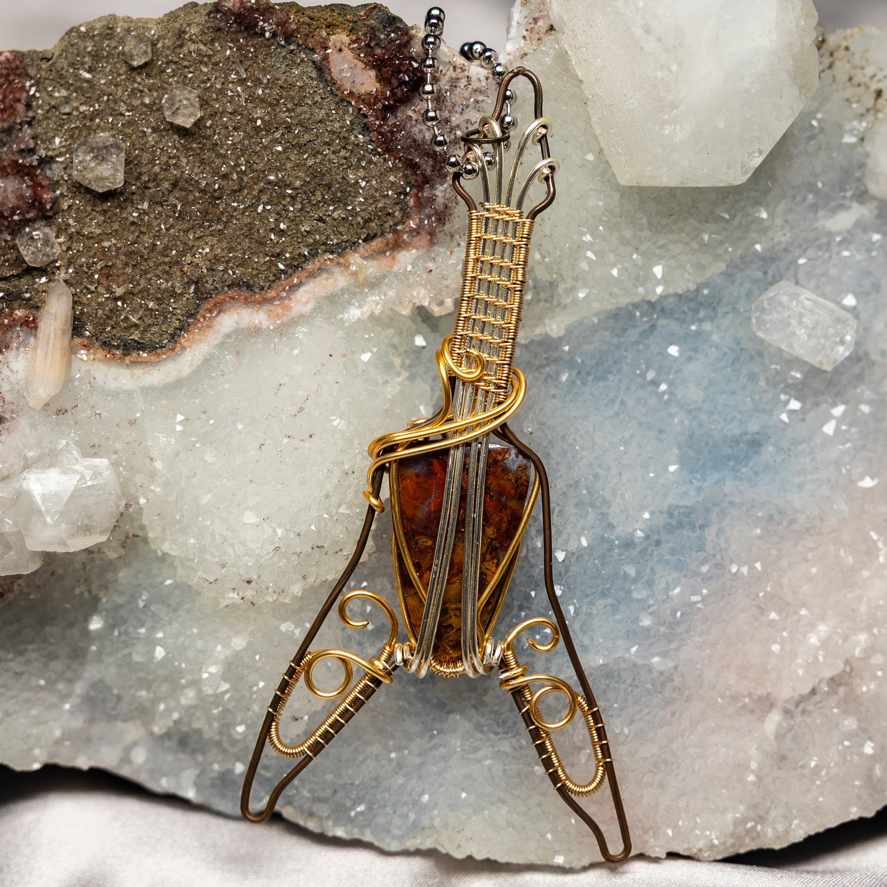 Moss Agate "Guitar" Wire Wrap Crystal Pendant