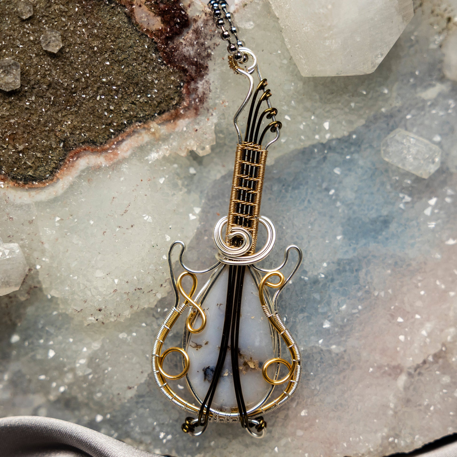 Moss Agate "Guitar" Wire Wrap Crystal Pendant