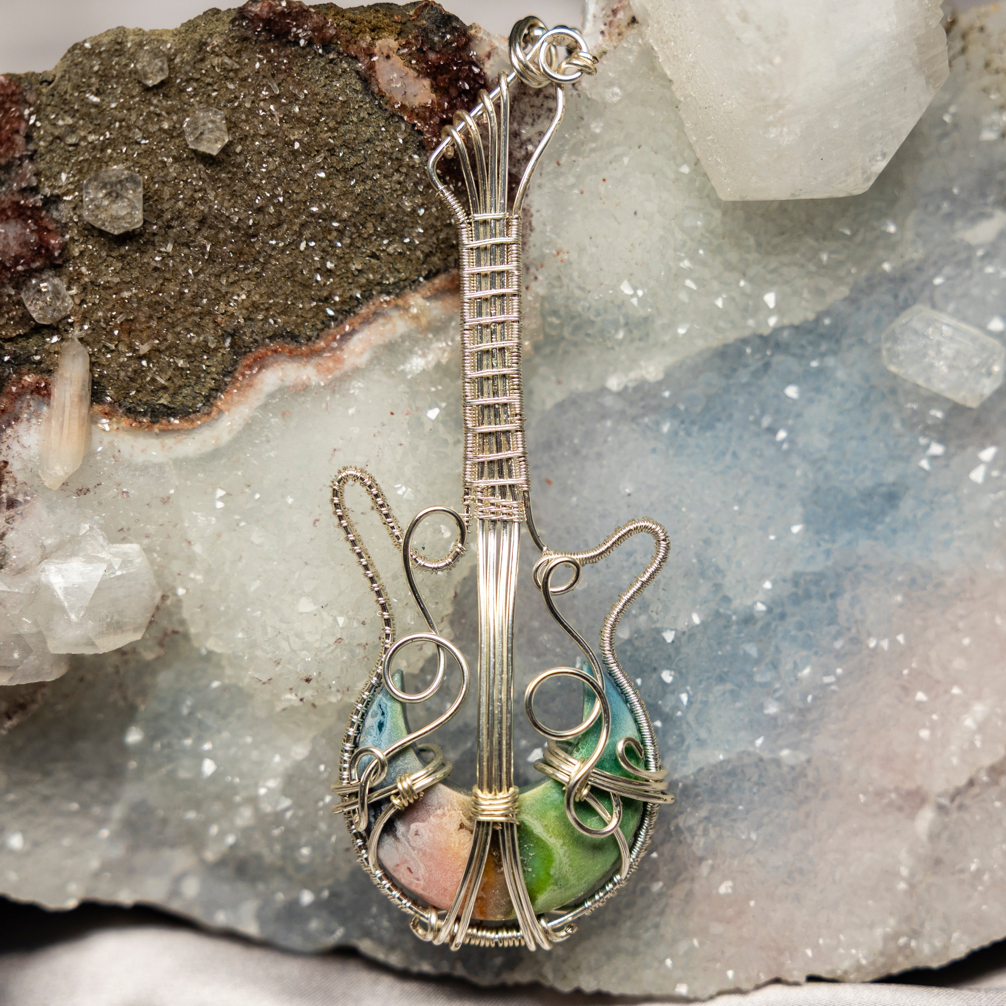 Ocean Jasper "Guitar" Wire Wrap Crystal Pendant