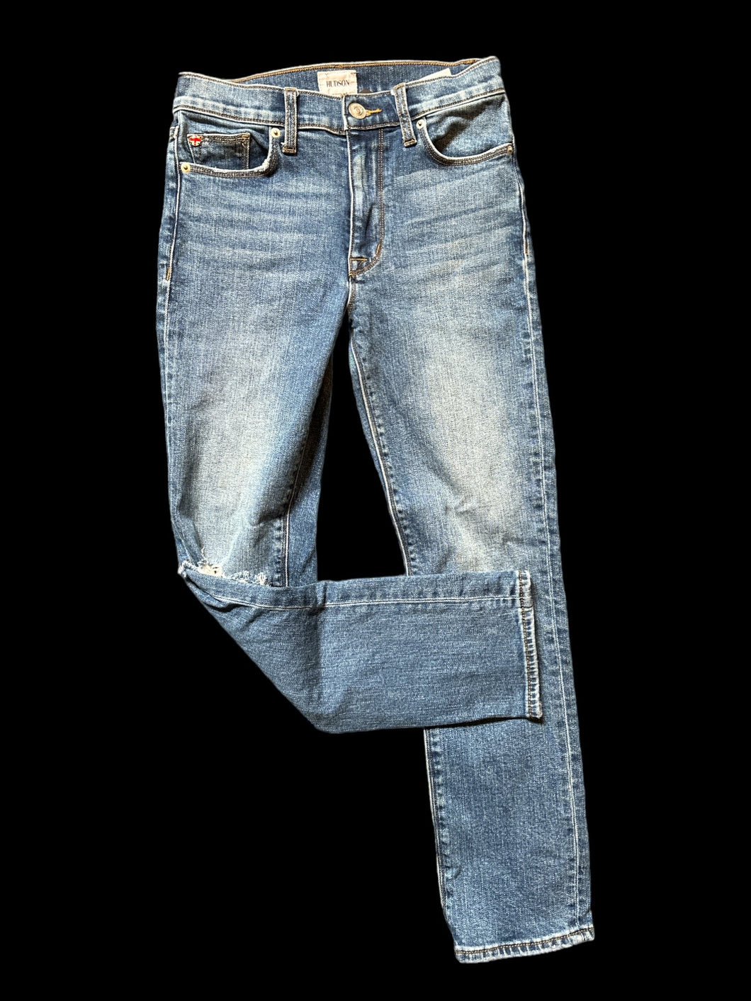 S Blue denim jeans w/ union jack, emblem, Ripped knees, belt loops, pockets, & button/zipper closure