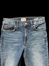 Load image into Gallery viewer, S Blue denim jeans w/ union jack, emblem, Ripped knees, belt loops, pockets, &amp; button/zipper closure
