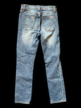 Load image into Gallery viewer, S Blue denim jeans w/ union jack, emblem, Ripped knees, belt loops, pockets, &amp; button/zipper closure
