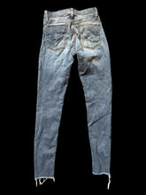 Load image into Gallery viewer, S Blue denim tapered leg jeans w/ union jack, emblem, frayed hems, belt loops, pockets, &amp; button/zipper closure
