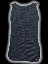 Load image into Gallery viewer, M Black sleevless scoopneck top w/ pleated neckline, white polka dots, small side slits, &amp; side zipper
