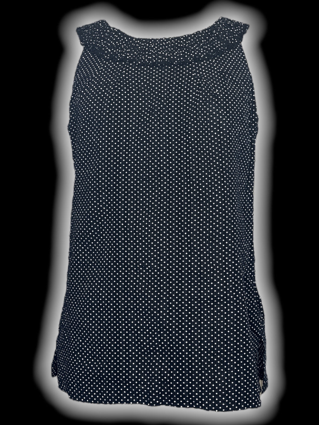 M Black sleevless scoopneck top w/ pleated neckline, white polka dots, small side slits, & side zipper