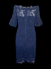 Load image into Gallery viewer, S NWT Blue short sleeve lace bodycon off the shoulder dress w/ elastic neckline, blue petticoat, &amp; zipper closure
