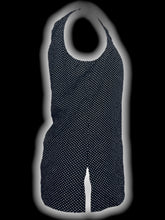 Load image into Gallery viewer, M Black sleevless scoopneck top w/ pleated neckline, white polka dots, small side slits, &amp; side zipper
