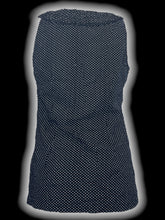 Load image into Gallery viewer, M Black sleevless scoopneck top w/ pleated neckline, white polka dots, small side slits, &amp; side zipper
