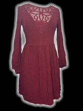 Load image into Gallery viewer, S Maroon long sleeve textured dress w/ lace accent on front back &amp; sleeves, braided waist, inner lining, &amp; side zipper
