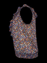 Load image into Gallery viewer, L Blue, orange, &amp; green sheer sleeveless top w/ ruffle details, &amp; ruched waist
