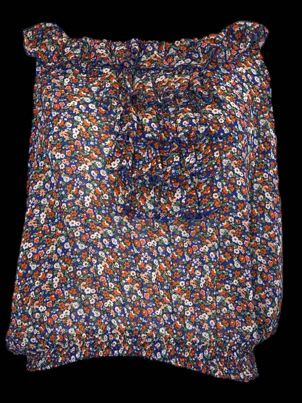 L Blue, orange, & green sheer sleeveless top w/ ruffle details, & ruched waist