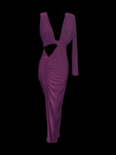 Load image into Gallery viewer, S NWT purple stretch half sleevless maxi dress w/ shoulder pad, keyhole back, ruching on back, leg slit,
