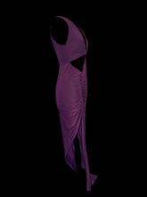 Load image into Gallery viewer, S NWT purple stretch half sleevless maxi dress w/ shoulder pad, keyhole back, ruching on back, leg slit,
