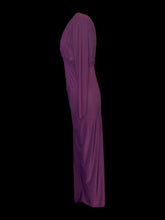 Load image into Gallery viewer, S NWT purple stretch half sleevless maxi dress w/ shoulder pad, keyhole back, ruching on back, leg slit,
