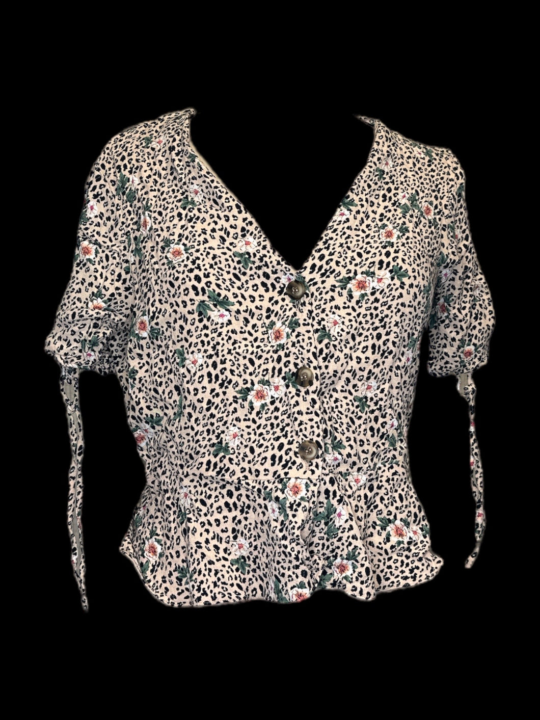 M Camel V neck animal print short sleeve button down top w/ floral accents, & sleeve ties