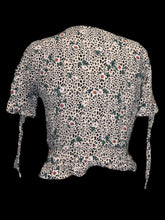 Load image into Gallery viewer, M Camel V neck animal print short sleeve button down top w/ floral accents, &amp; sleeve ties
