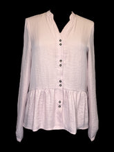 Load image into Gallery viewer, M Light pink long sleeve V neck top w/ band collar, button balloon sleeves, two button pattern closure, &amp; ruffled hem
