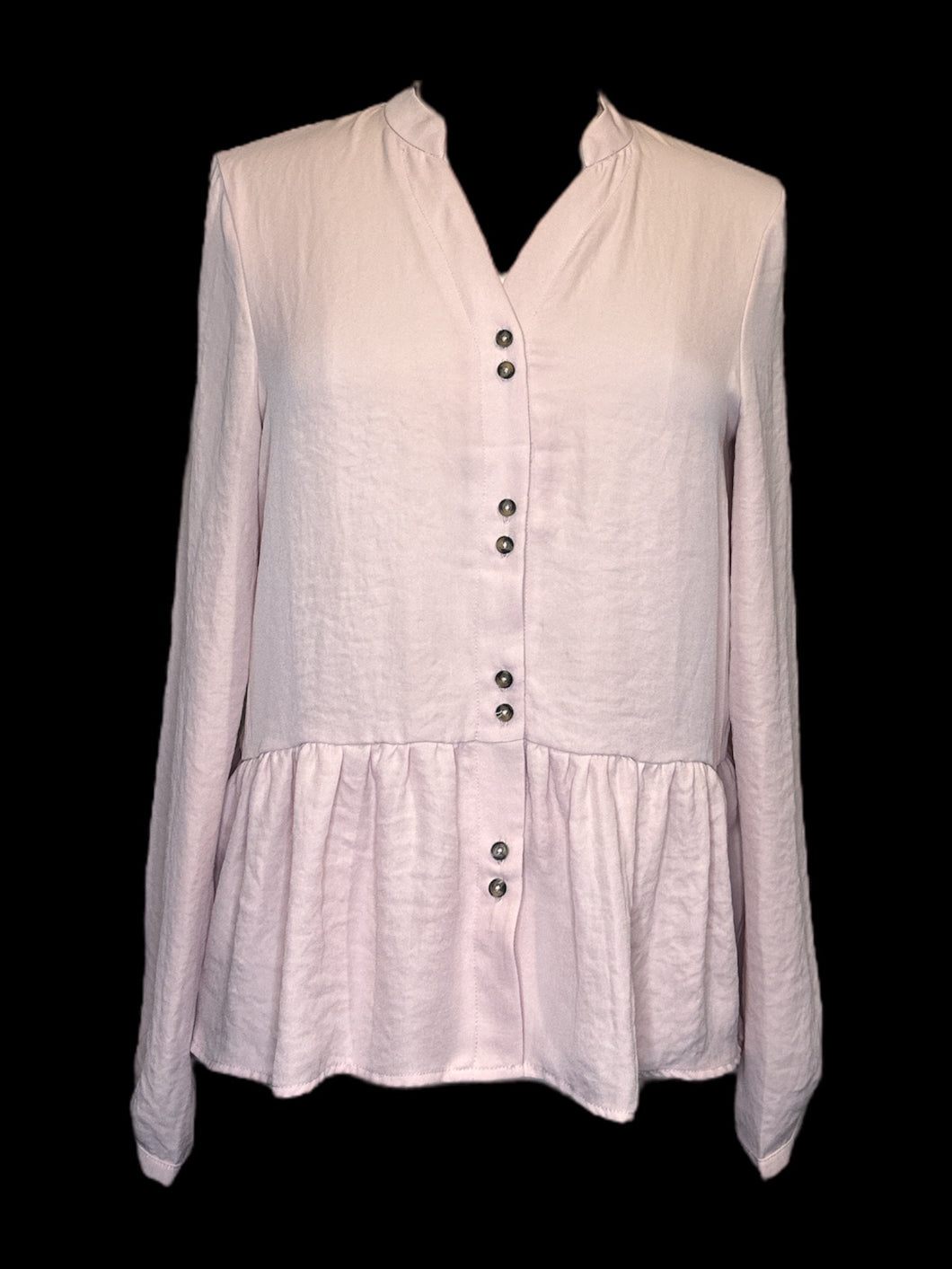 M Light pink long sleeve V neck top w/ band collar, button balloon sleeves, two button pattern closure, & ruffled hem