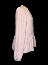 Load image into Gallery viewer, M Light pink long sleeve V neck top w/ band collar, button balloon sleeves, two button pattern closure, &amp; ruffled hem
