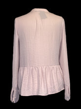 Load image into Gallery viewer, M Light pink long sleeve V neck top w/ band collar, button balloon sleeves, two button pattern closure, &amp; ruffled hem

