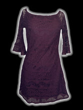 Load image into Gallery viewer, M Oxblood boatneck botanical lace long sleeve dress w/ flair sleeves, internal slip, &amp; side zipper
