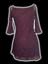 Load image into Gallery viewer, M Oxblood boatneck botanical lace long sleeve dress w/ flair sleeves, internal slip, &amp; side zipper

