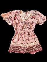 Load image into Gallery viewer, XS Dusty rose romper w/ front tie, floral pattern, butterfly sleeves, &amp; elastic waist
