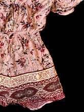 Load image into Gallery viewer, XS Dusty rose romper w/ front tie, floral pattern, butterfly sleeves, &amp; elastic waist
