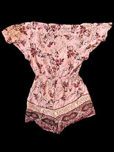 Load image into Gallery viewer, XS Dusty rose romper w/ front tie, floral pattern, butterfly sleeves, &amp; elastic waist
