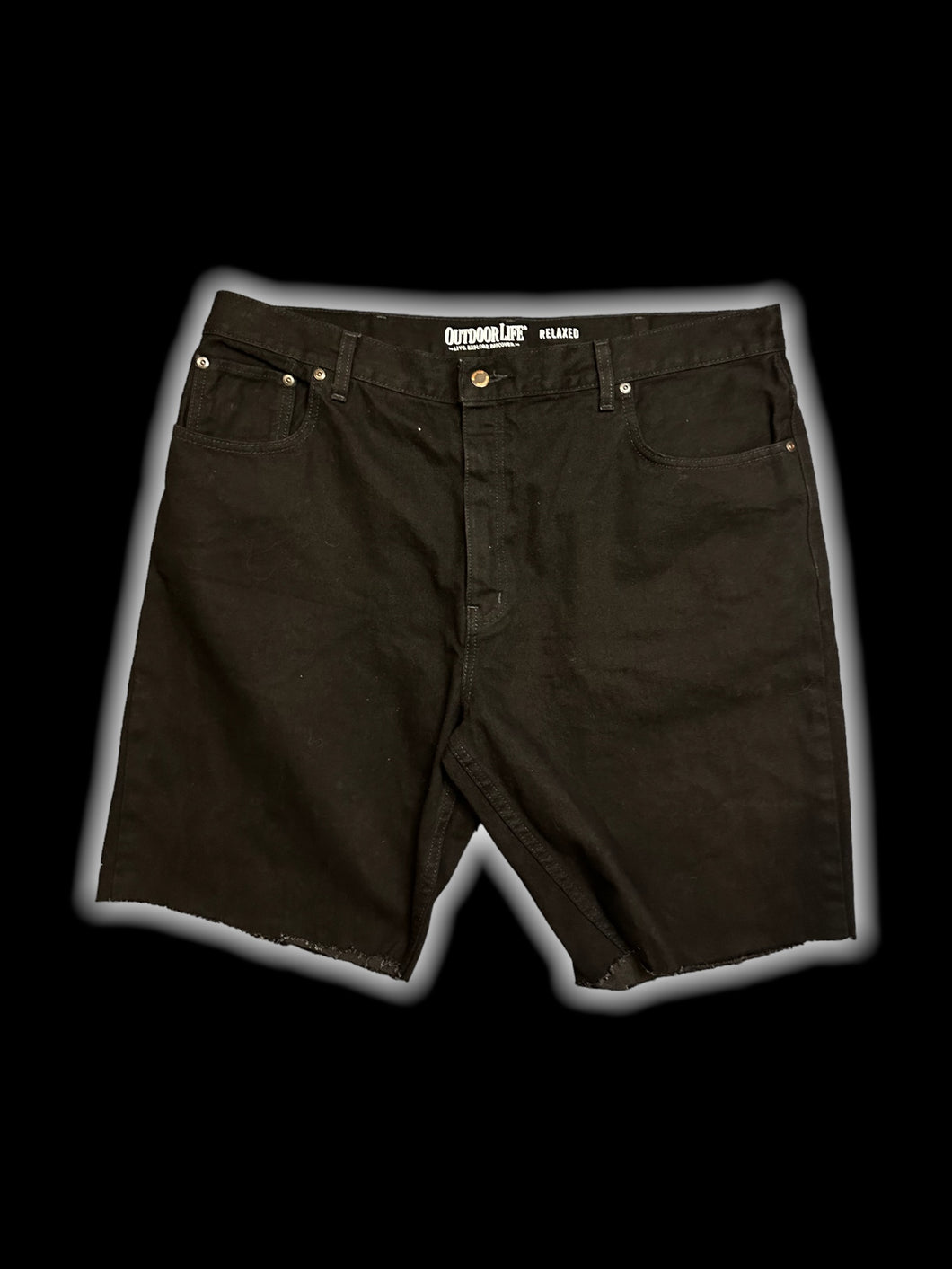 0X Black denim high waist Bermuda shorts w/ raw hem, pockets, belt loops, & button/zipper closure